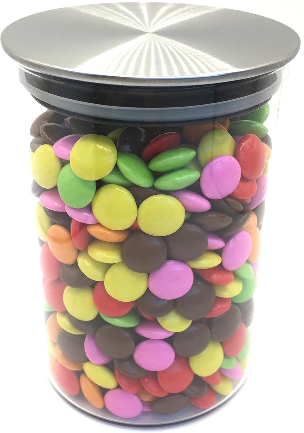 瓶に入ったマーブルチョコのディスプレイ